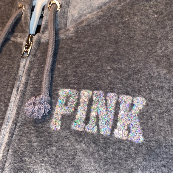NWOT~VINTAGE VICTORIAS SECRET PINK VELOUR SEQUIN ZIP UP HOODIE - Picture 4 of 9